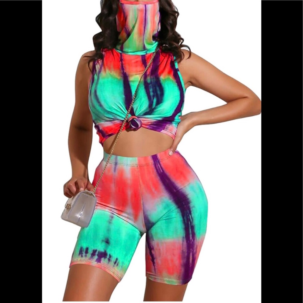 Mrskoala 2 Pc Tie Dye Biker Short set w/face mask